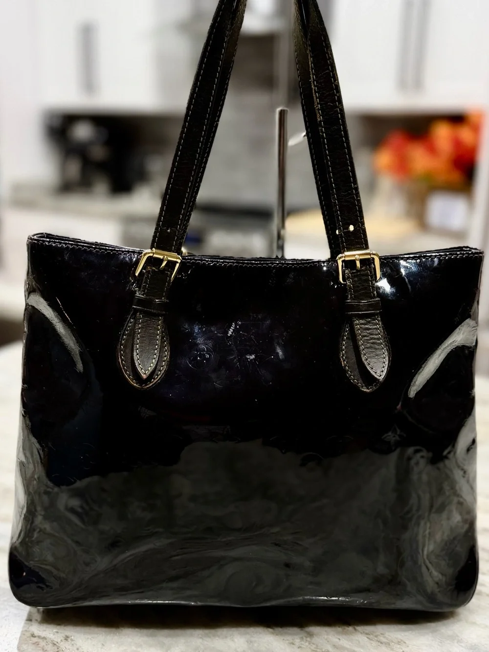 Louis Vuitton Authentic Black Vernis Leather Tote with Custom 3D Red Rose Motif